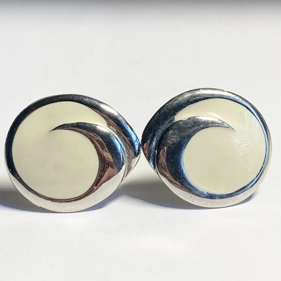 Vintage Cream Enamel Swirl Clip On Earrings 80s 90s Silver Rhodium Plated - Picture 8 of 10
